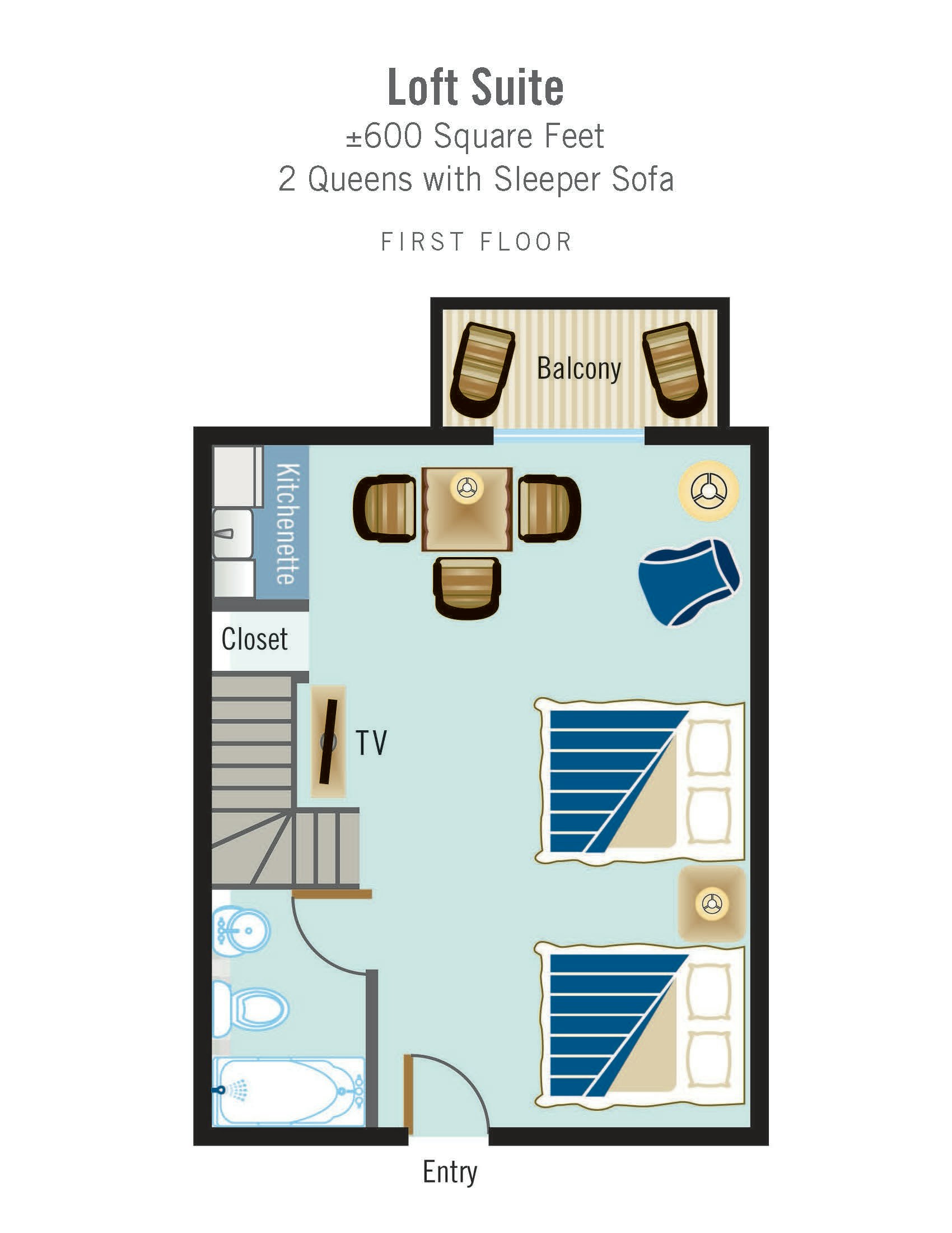 Loft Suite Two Queens with Sleeper Sofa Courtyard View