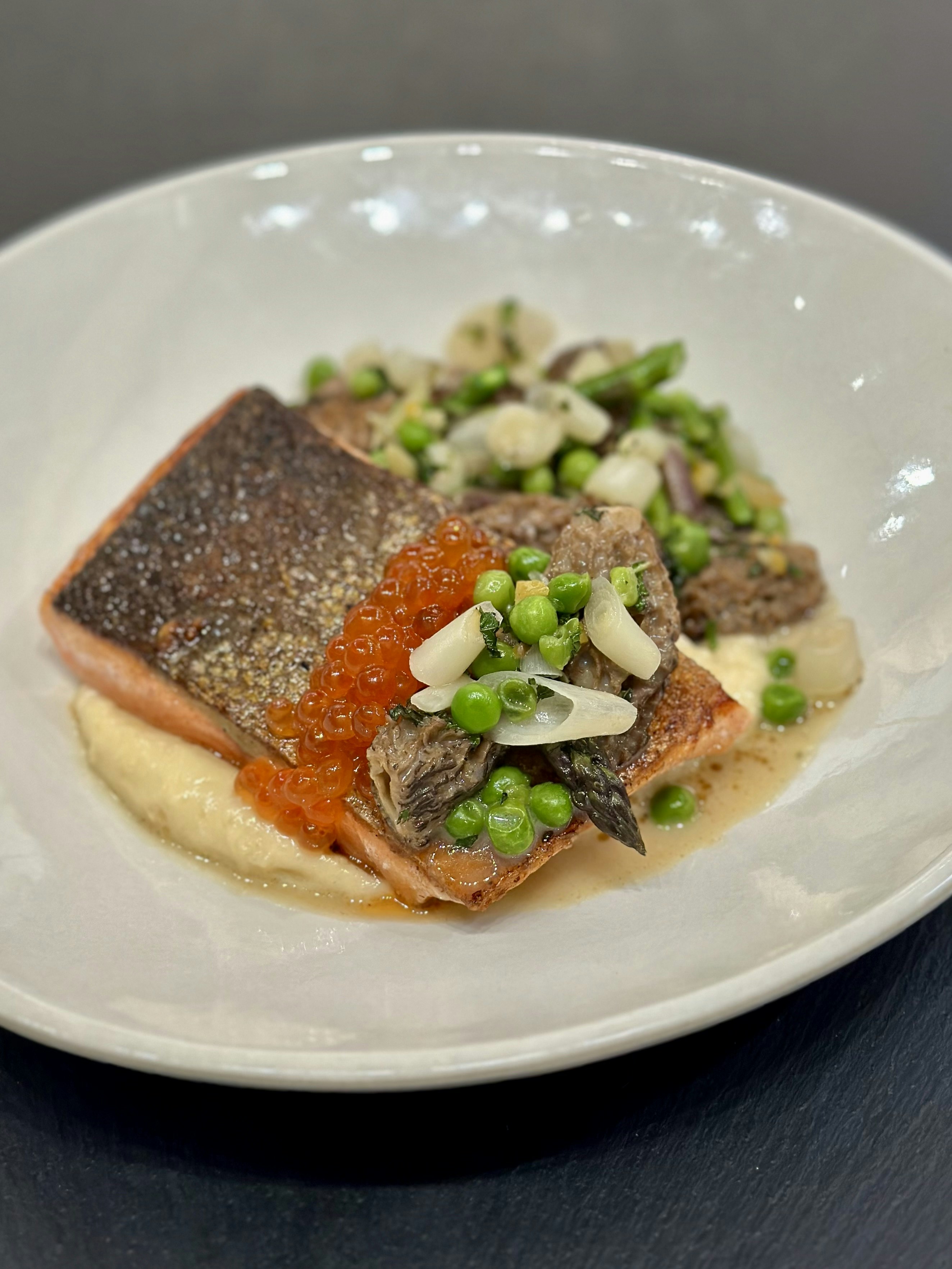 Wild salmon with morels and parsnip puree by Chef Jason Wilson