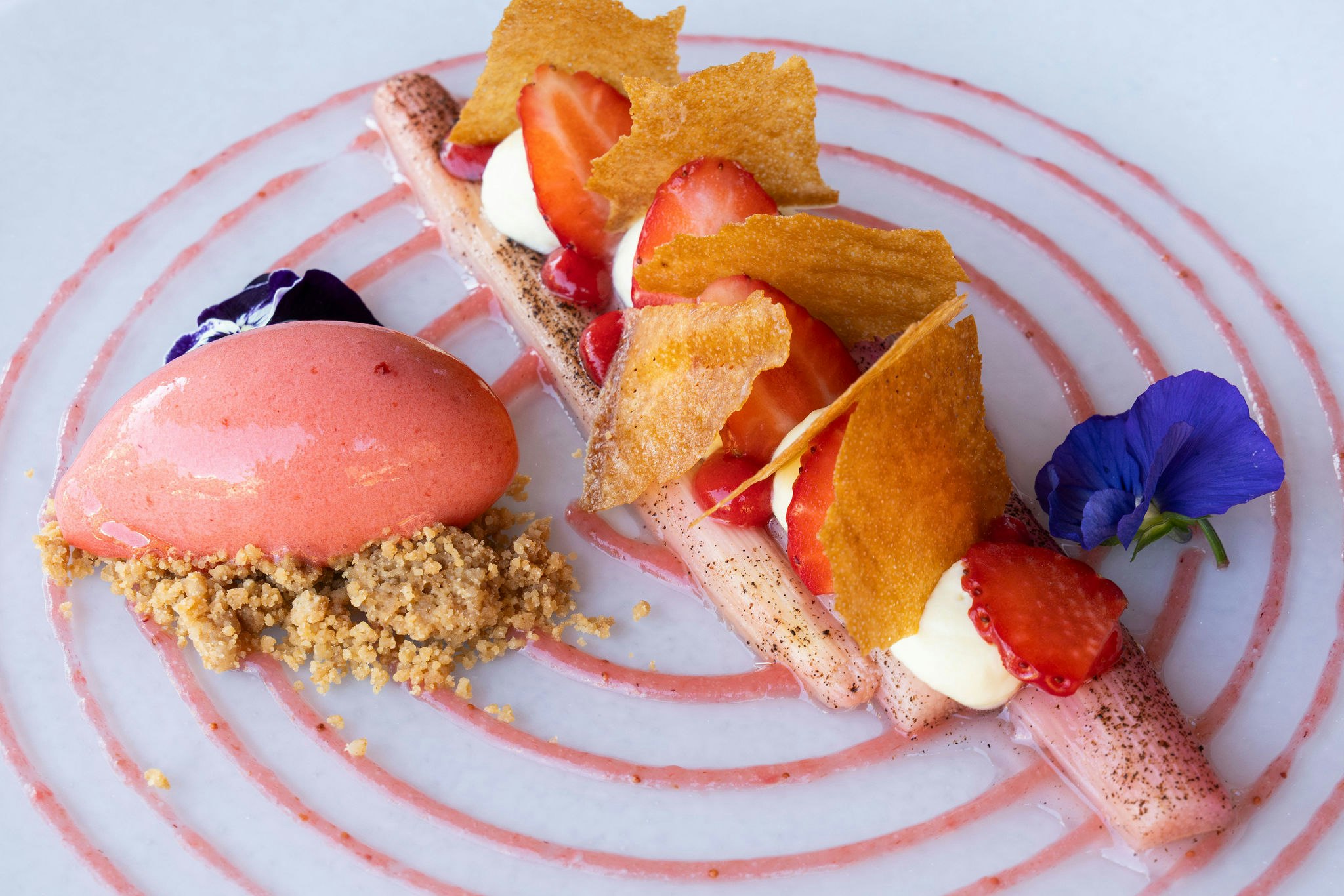 Strawberry candied rhubarb, wasabi diplomat and crispy tuile