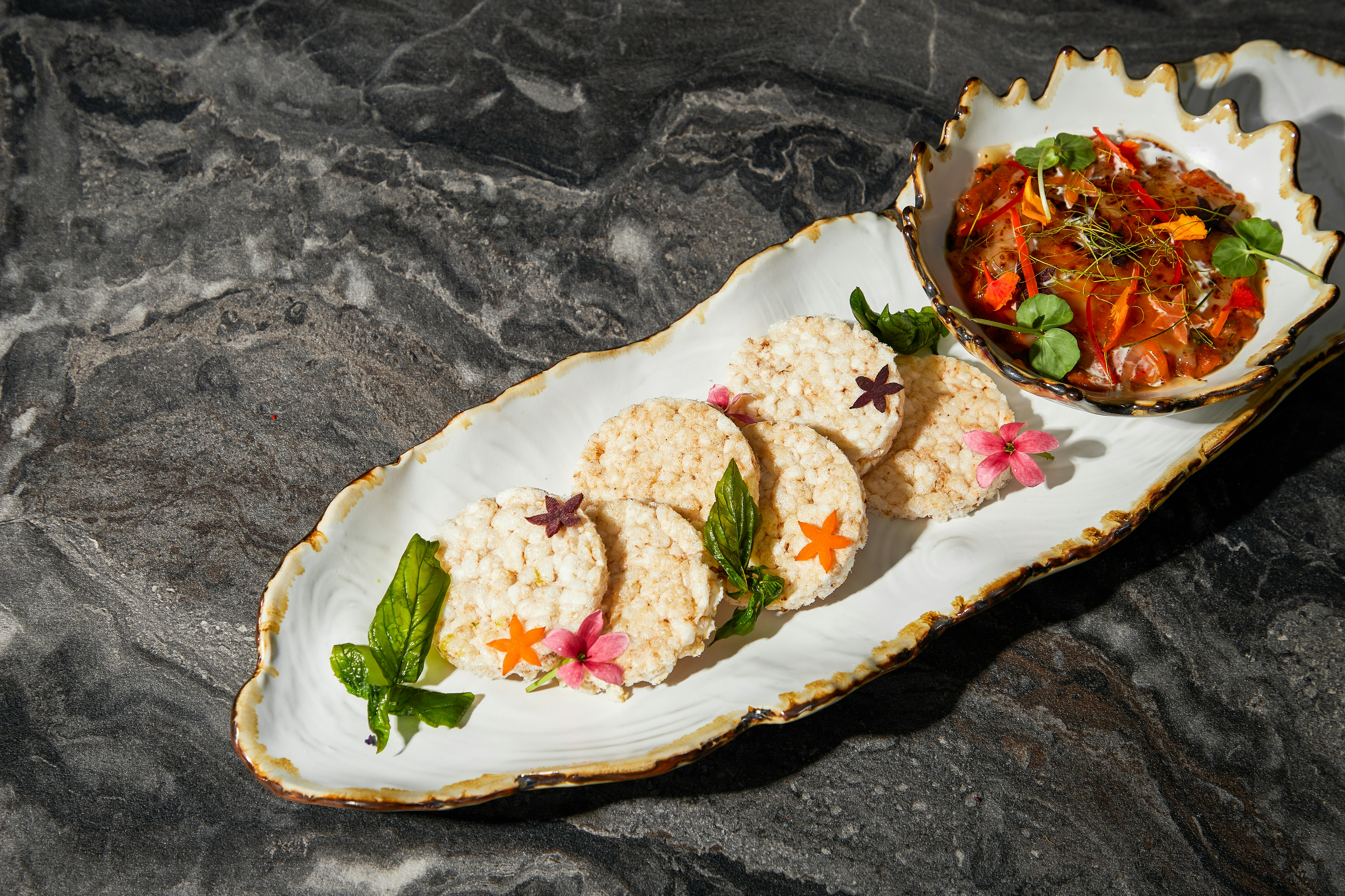 Zaffiro Restaurant - Fish Custard with Melted Mozzarella Cheese & Crispy Rice Crackers