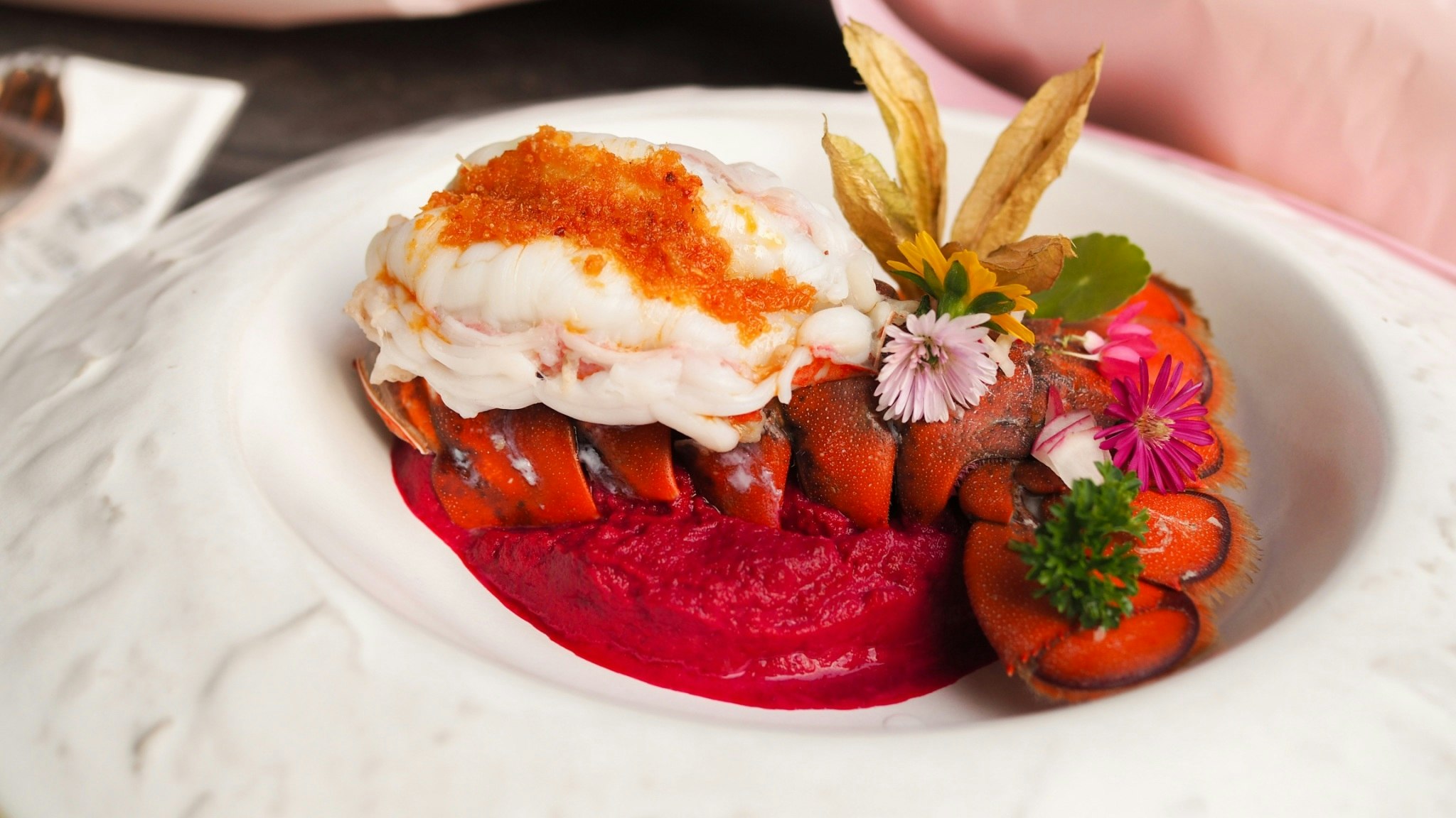 Lobster Tail Served with Shrimp Paste Sauce & Beetroot Purée