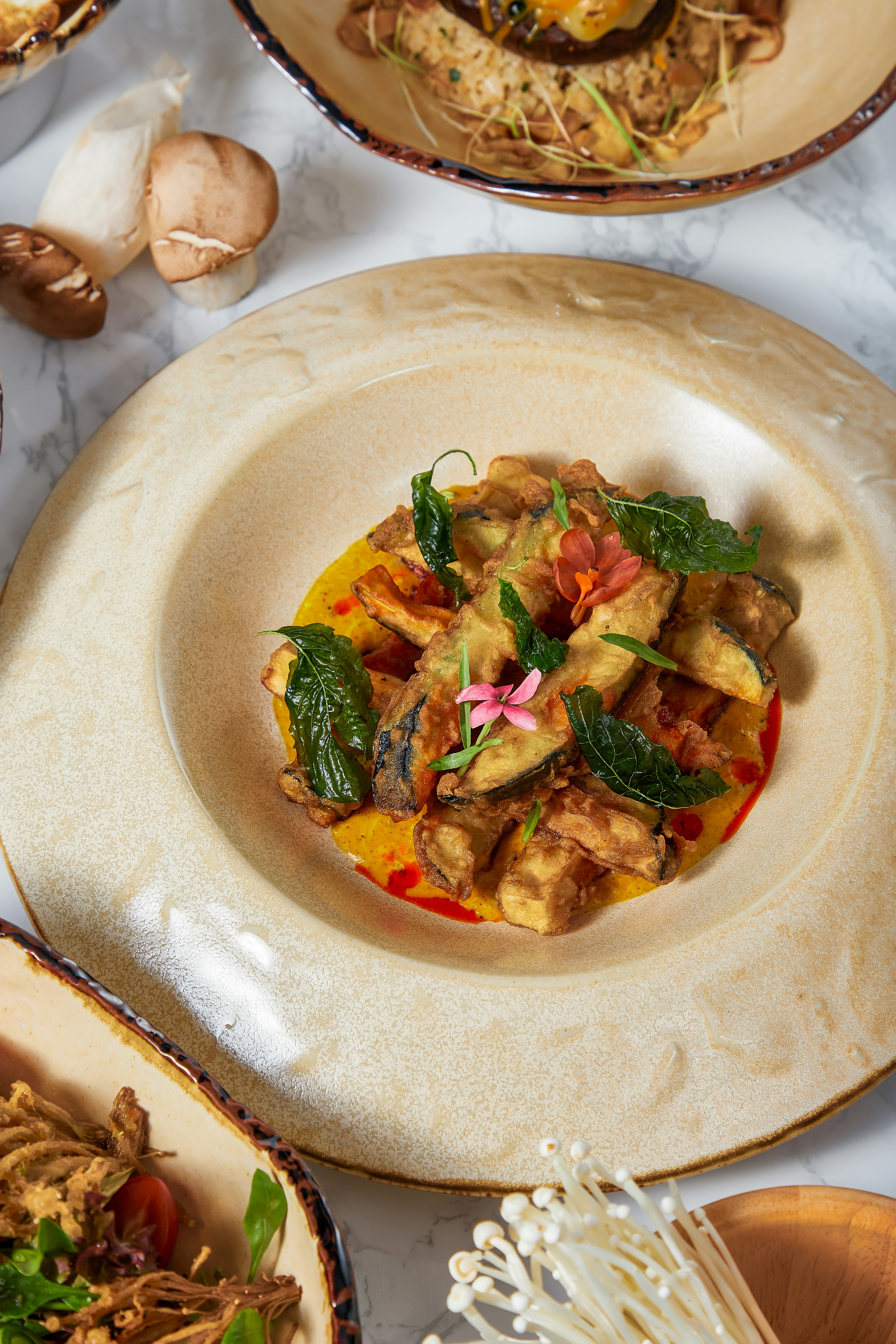 Eggplant Tempura with Salted Egg Yolk Curry Sauce