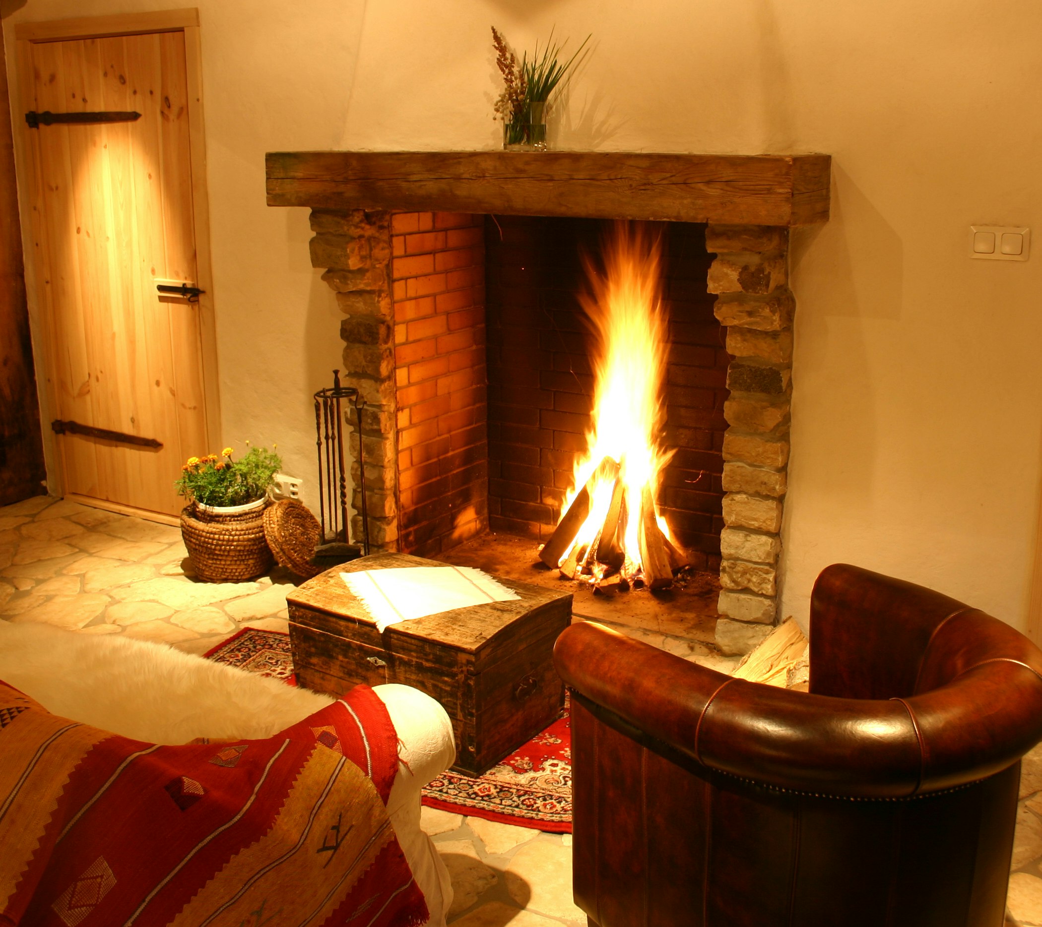 Open plan fireplace at the Private Farm House