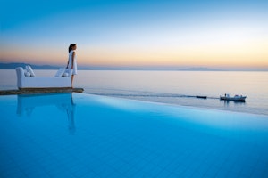 Two-tiered outdoor pool with Aegean Sea views