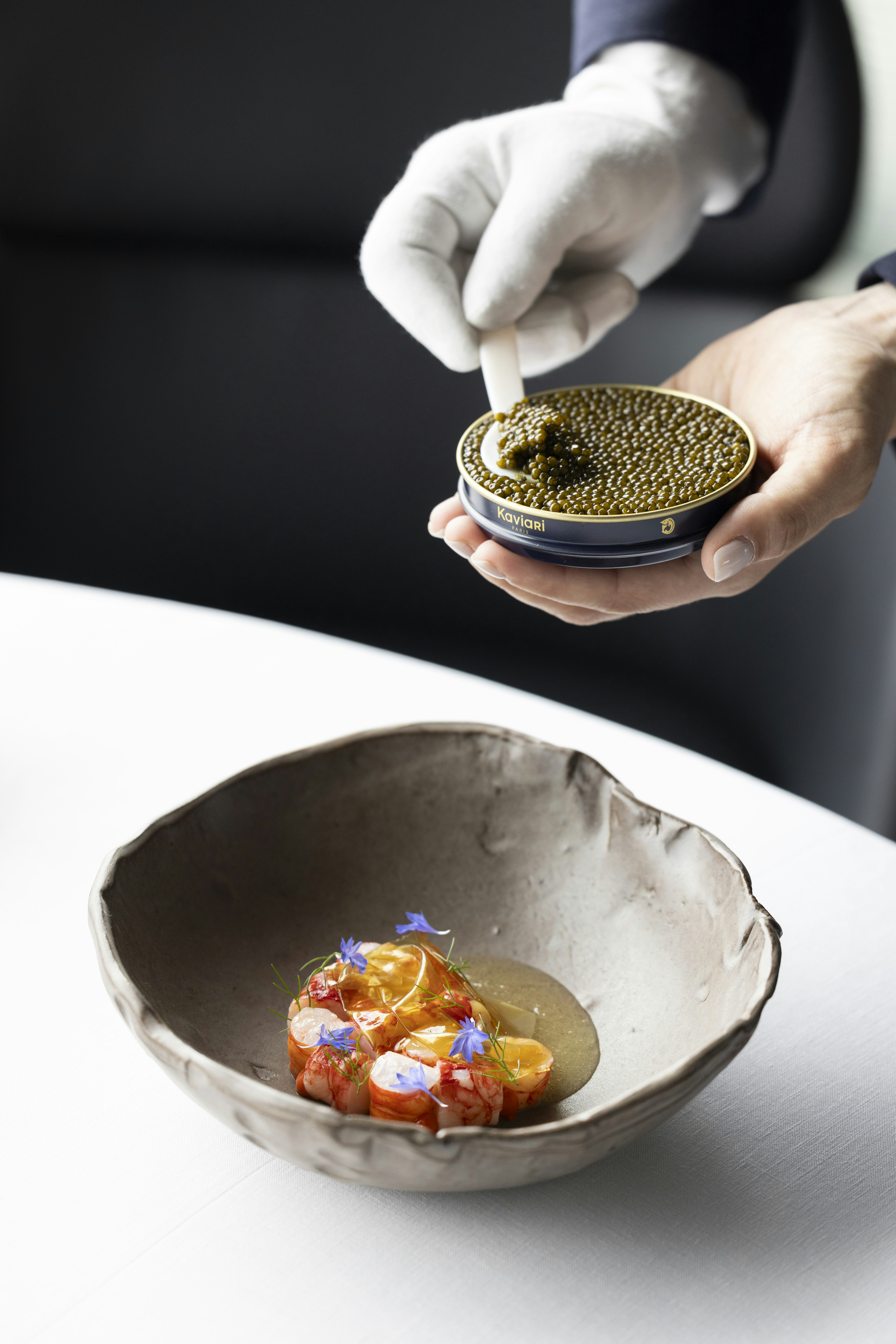 Lightly cooked gambero rosso, coral condiment and cristal caviar