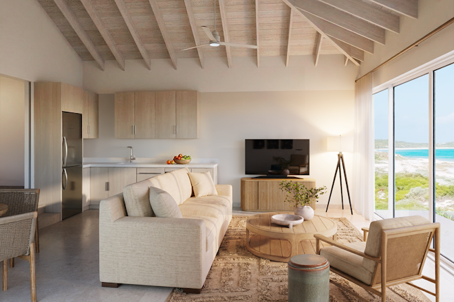 Two Bedroom Beachfront Villa Suite Living Room and Kitchen