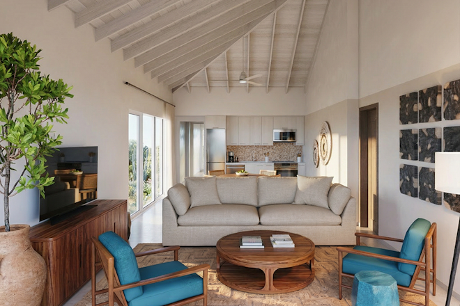 Two Bedroom Beachfront Villa Deluxe Living Room and Kitchen