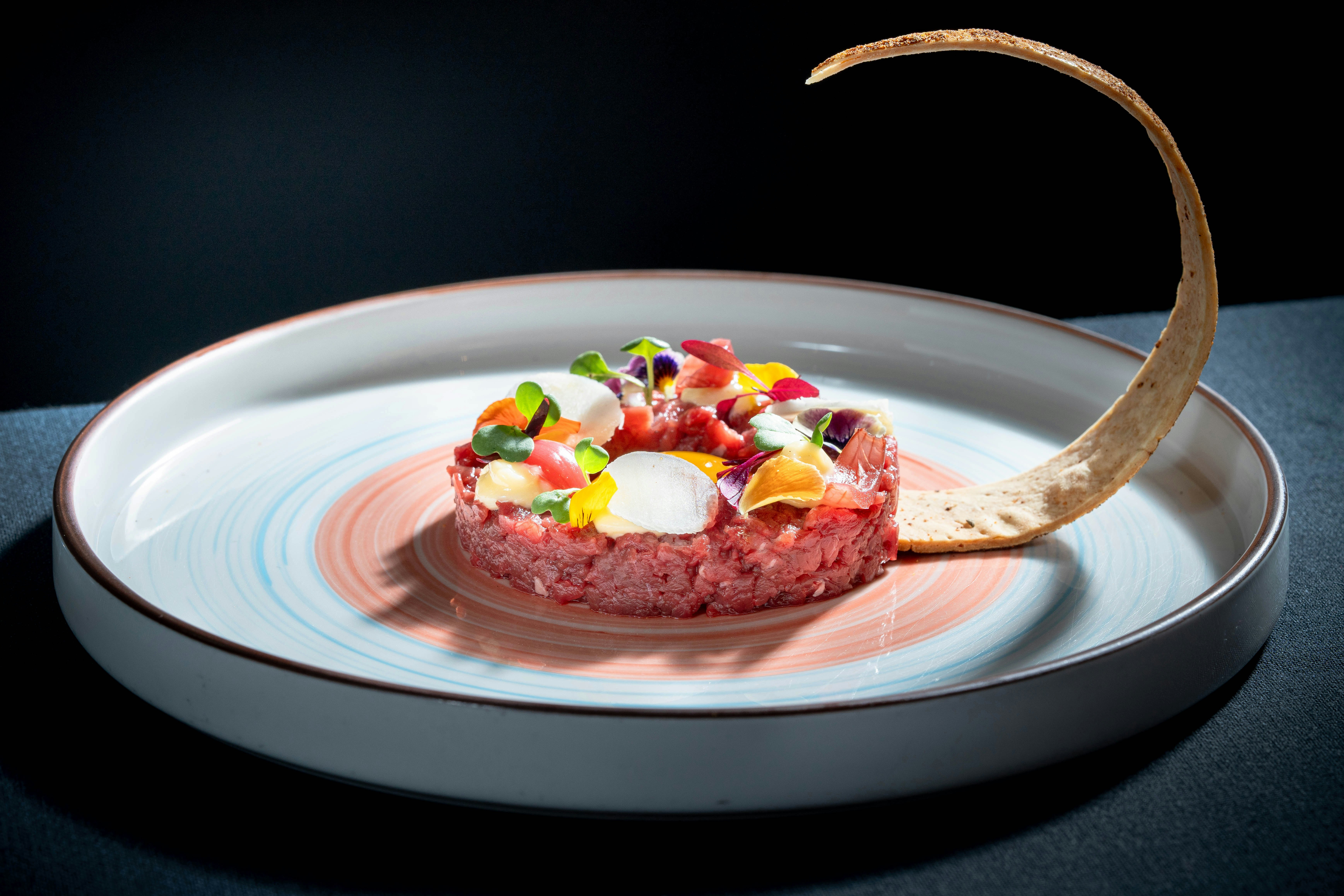 Wagyu Beef Tartare, Water Chestnut Egg Yolk Confit Lavosh